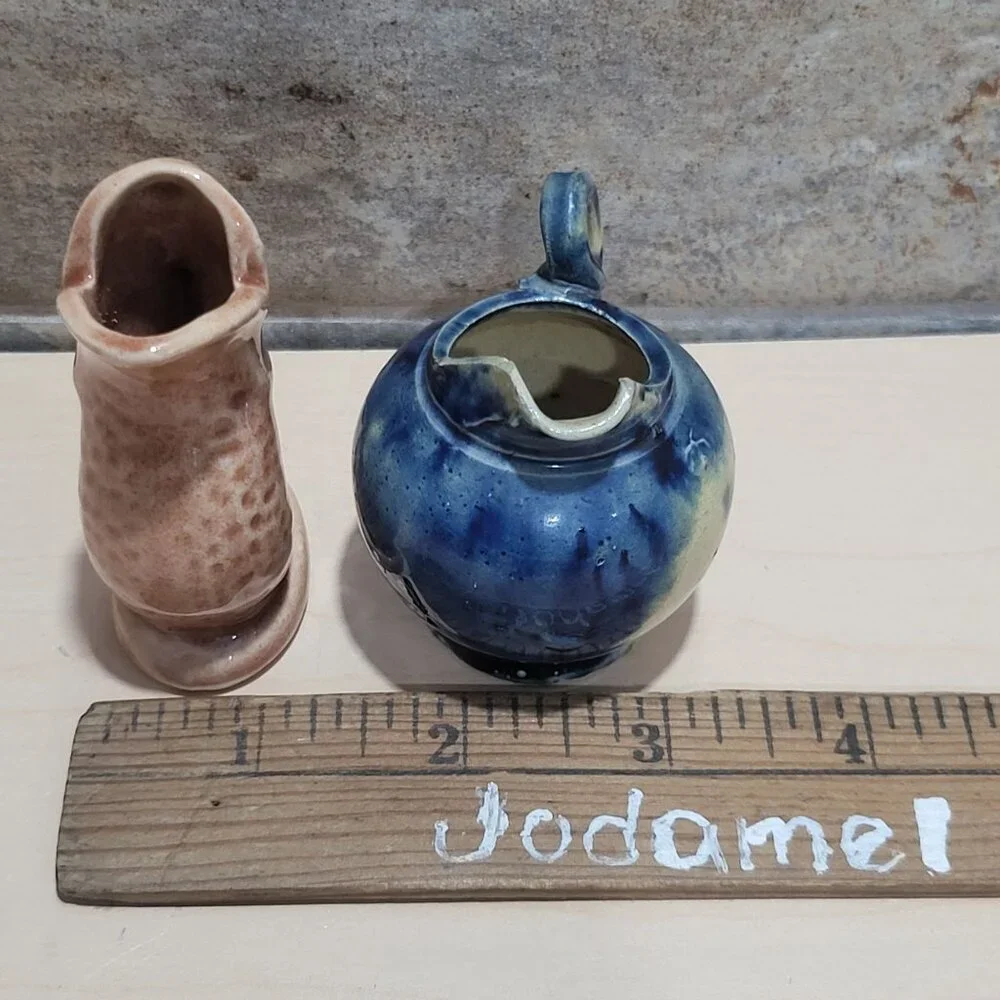 Vintage Miniature Fish Shaped Blue Round Ceramic Pitcher Jugs Set of 2